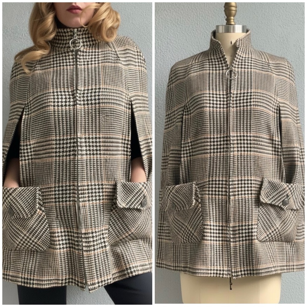 Vintage 70s Evan-Picone Union Made Mod Zip Wool Houndstooth Capelet Jacket Sz 10